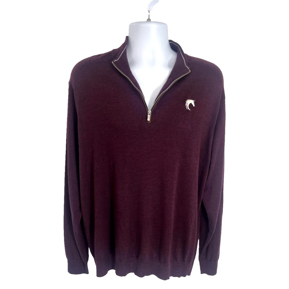 Peter Millar Sweater Mens XL Burgundy Quarter Zip Merino Wool Blend Horse Logo‎